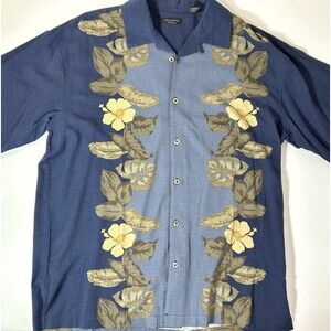 Cellini Collezione Blue 100% Silk Hawaiian Shirt XL Tropical Floral Short Sleeve